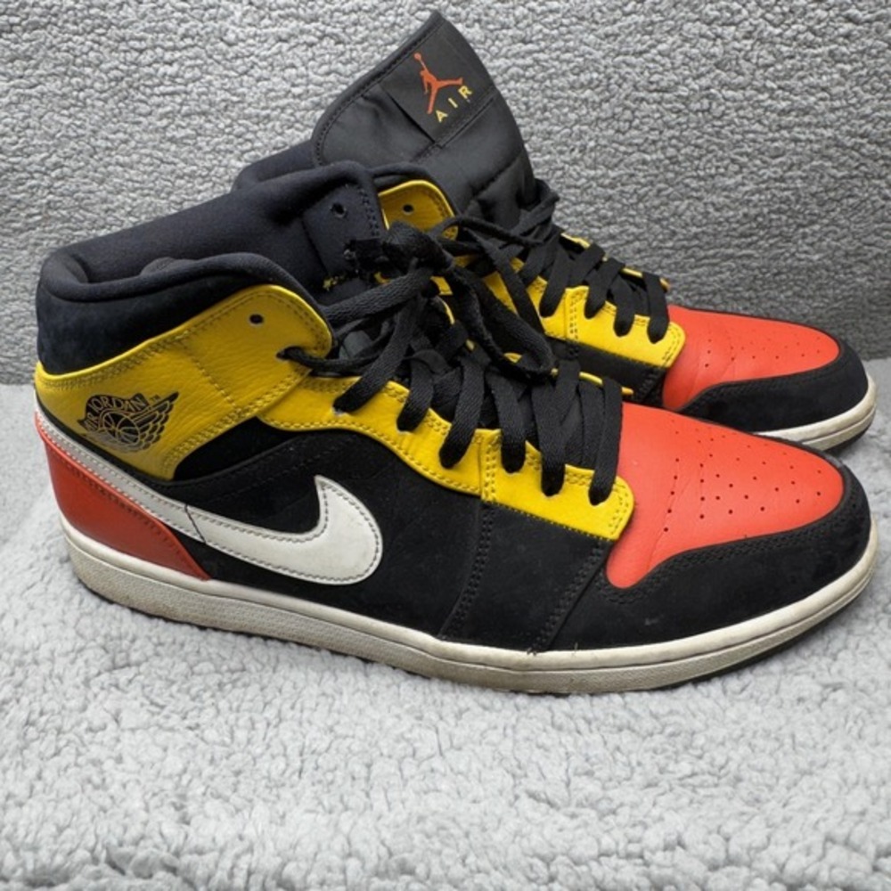 Nike‎ Air Jordan 1 Shoes Mens 11.5 Mid Black Gym Red Yellow Sneakers 852542-087